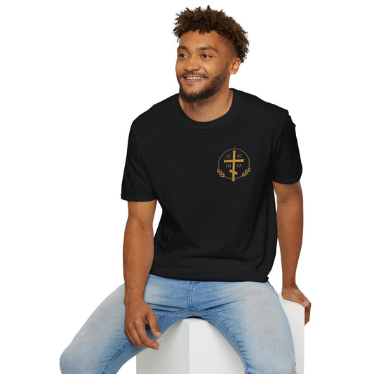 Christian Stained Glass Cross T-Shirt — "I Am the Alpha and the Omega"