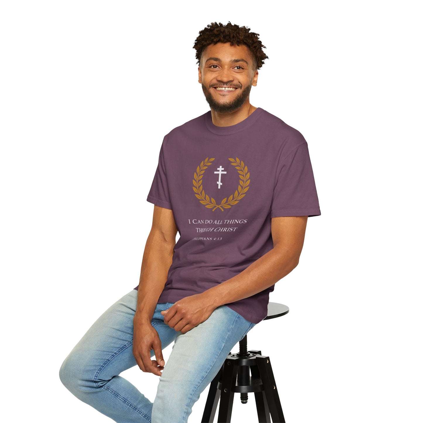 Christian T-Shirt — "I Can Do All Things Through Christ" Philippians 4:13 Cross Laurel Design