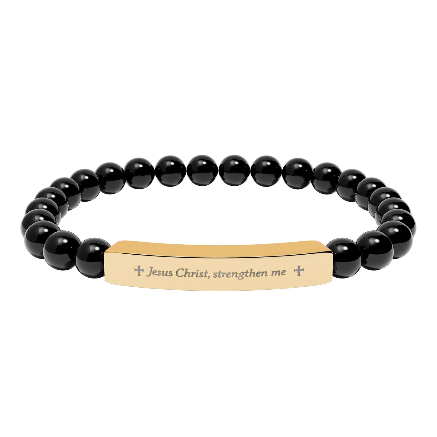 Engraved Natural Stone Bead Bracelet — Personalized Bar Stretch Bracelet