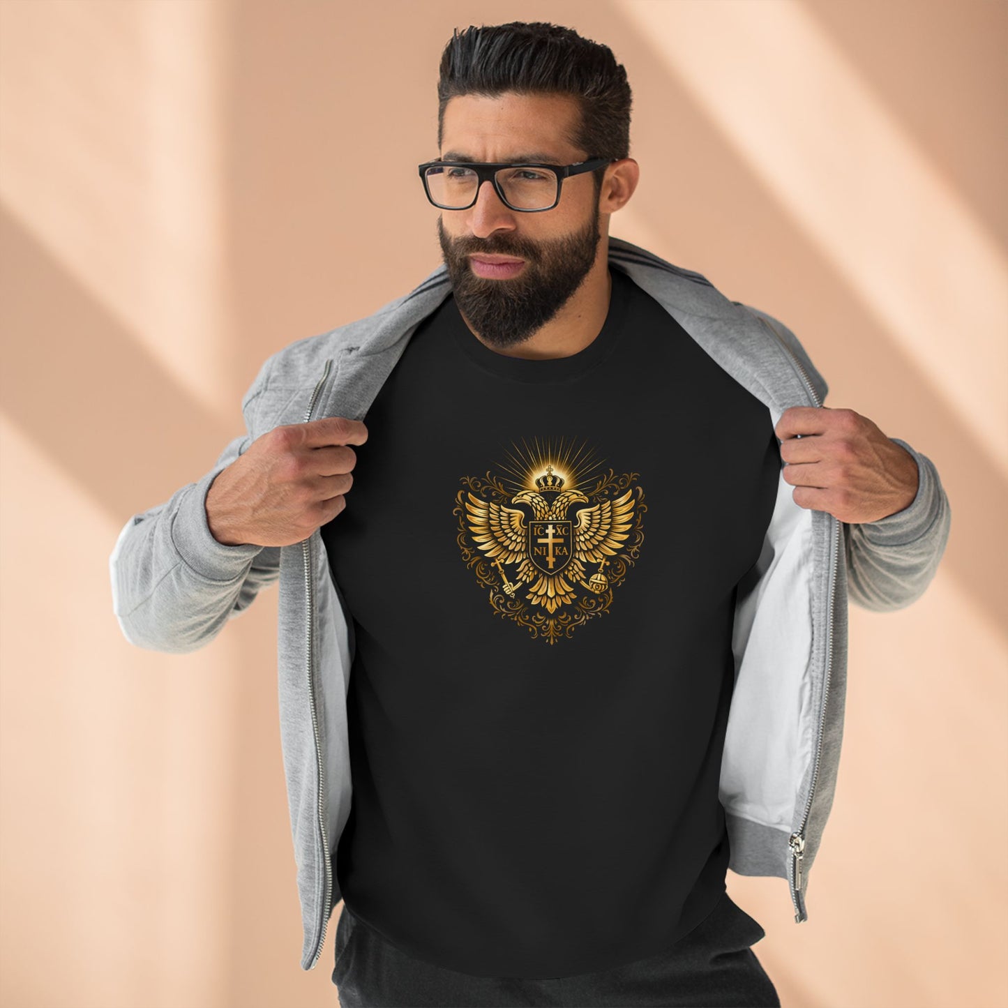 Golden Double-Headed Eagle Crewneck Sweatshirt — "I Am the Alpha and the Omega" Back Graphic