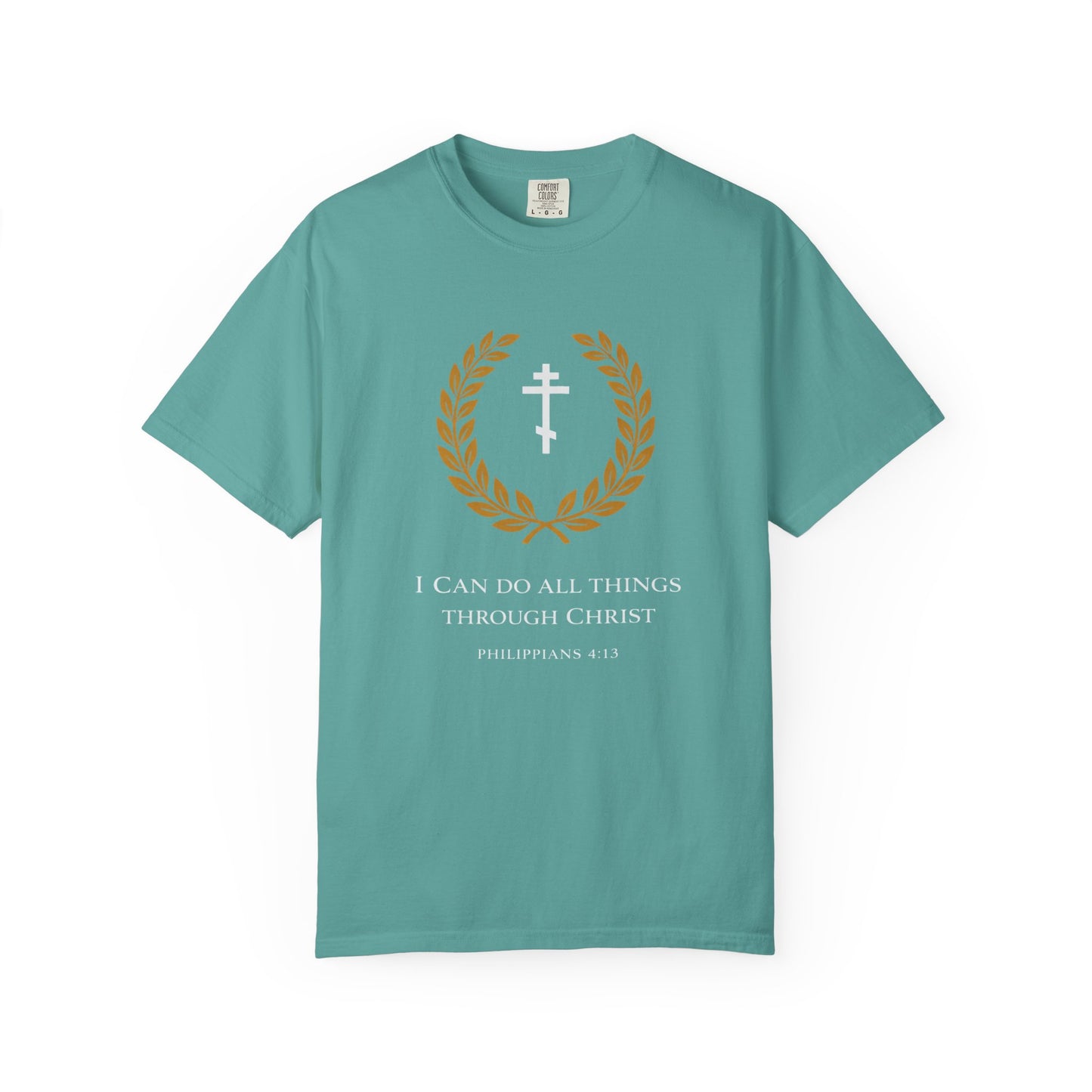 Christian T-Shirt — "I Can Do All Things Through Christ" Philippians 4:13 Cross Laurel Design