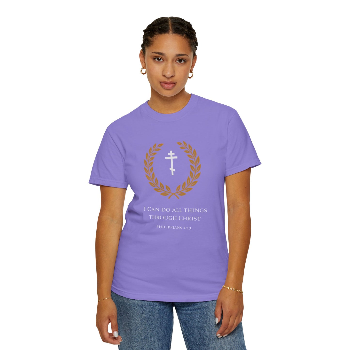 Christian T-Shirt — "I Can Do All Things Through Christ" Philippians 4:13 Cross Laurel Design