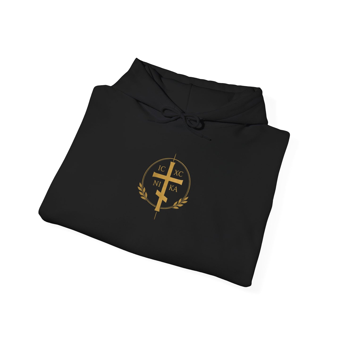 Christian Cross Hoodie — Gold Cross with Wings & Laurel Comfort Pullover
