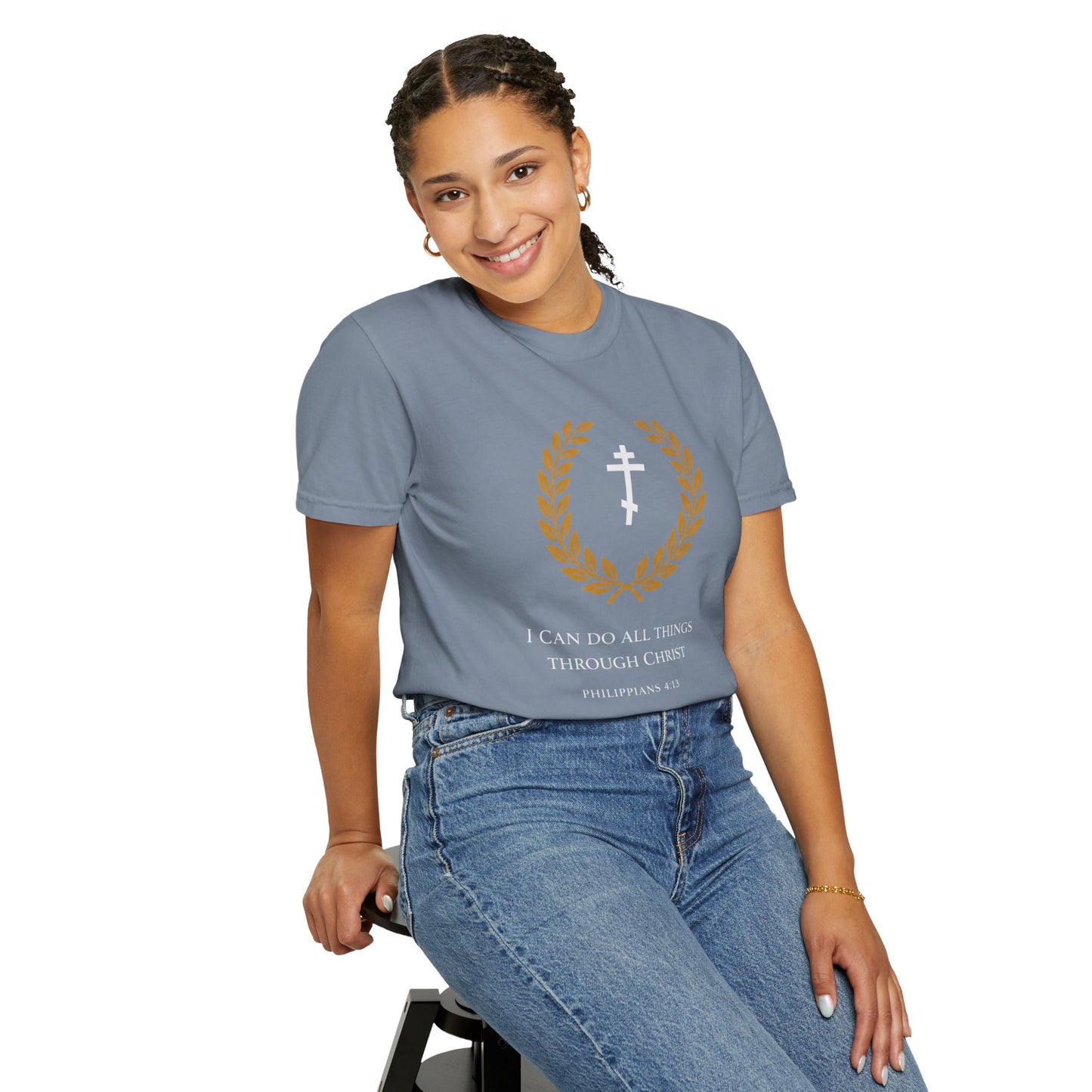 Christian T-Shirt — "I Can Do All Things Through Christ" Philippians 4:13 Cross Laurel Design