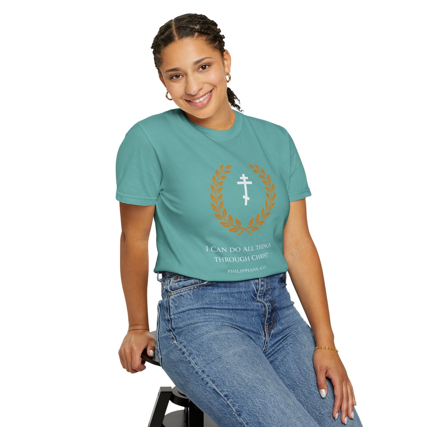 Christian T-Shirt — "I Can Do All Things Through Christ" Philippians 4:13 Cross Laurel Design