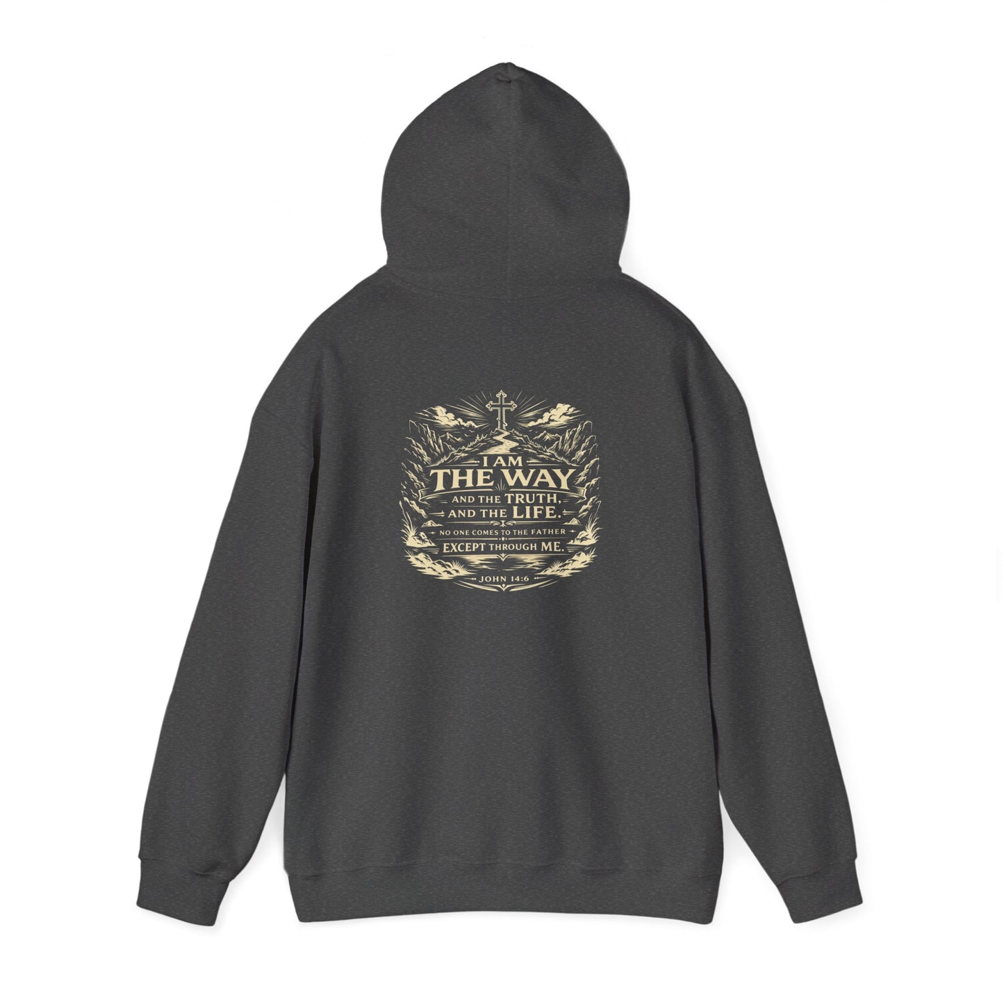 Christian Cross Hoodie — "I Am The Way" Scripture Back Print