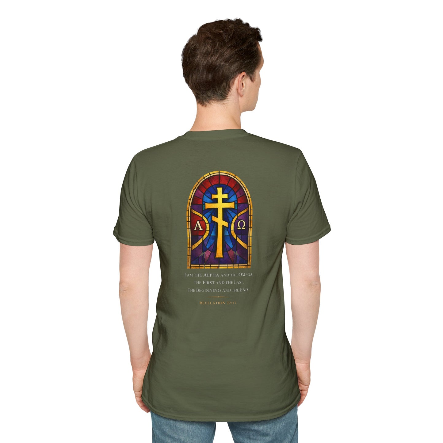 Christian Stained Glass Cross T-Shirt — "I Am the Alpha and the Omega"