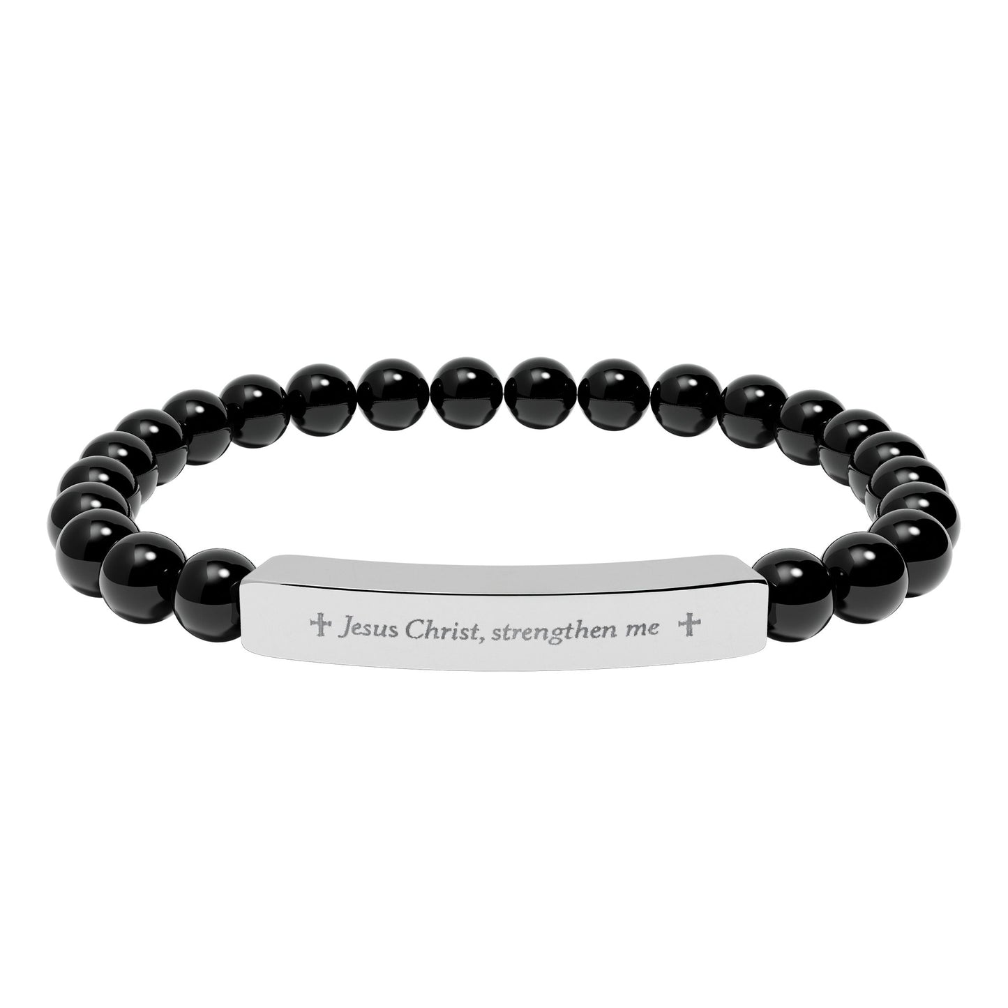 Engraved Natural Stone Bead Bracelet — Personalized Bar Stretch Bracelet