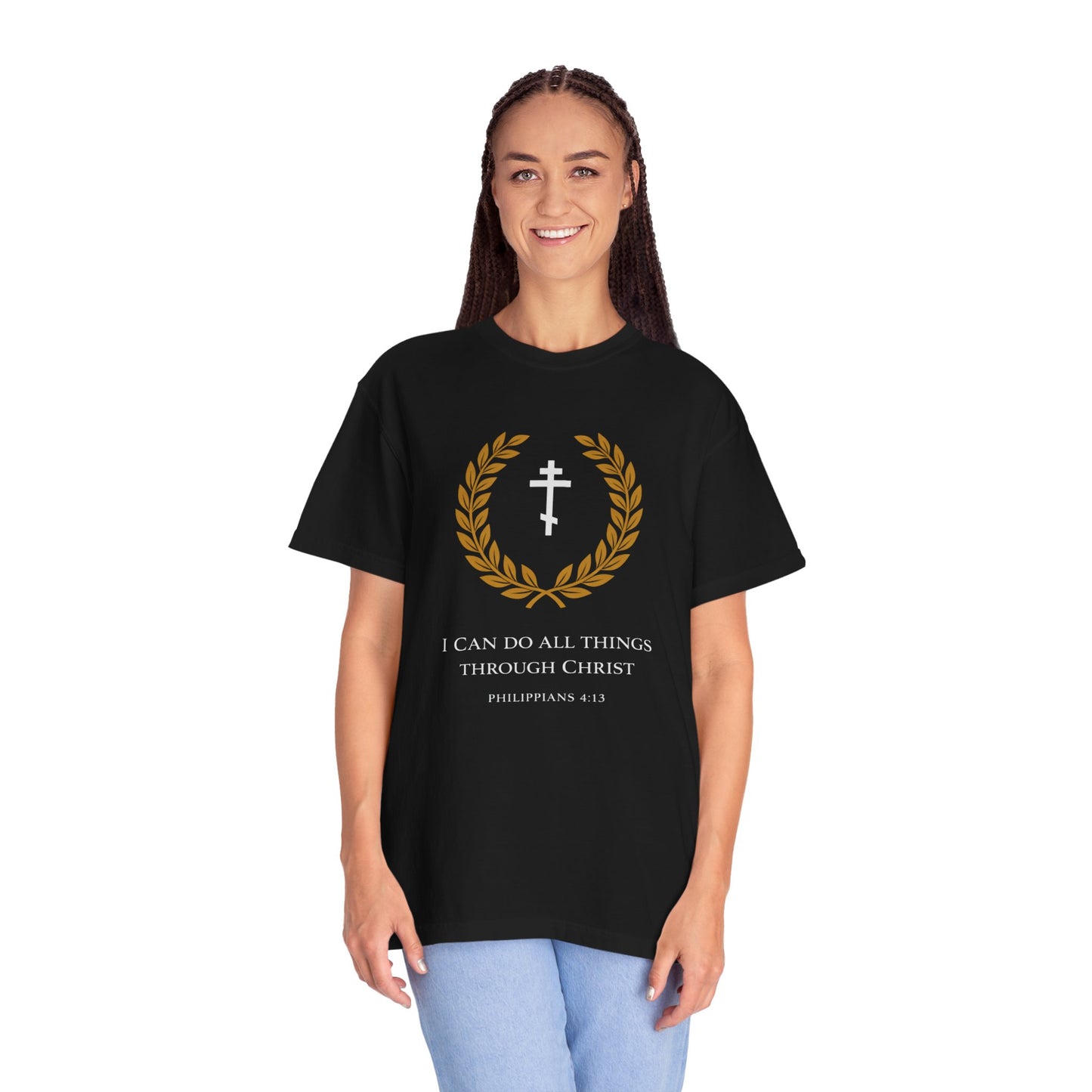 Christian T-Shirt — "I Can Do All Things Through Christ" Philippians 4:13 Cross Laurel Design