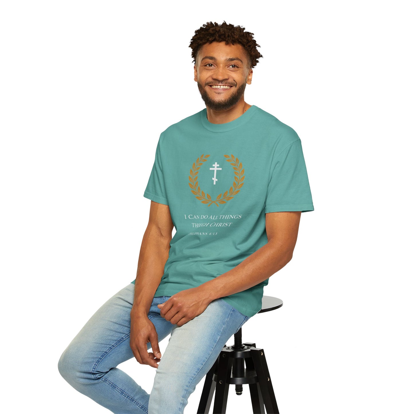 Christian T-Shirt — "I Can Do All Things Through Christ" Philippians 4:13 Cross Laurel Design