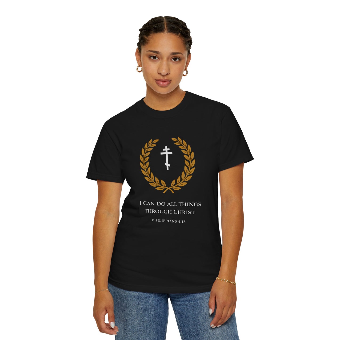 Christian T-Shirt — "I Can Do All Things Through Christ" Philippians 4:13 Cross Laurel Design