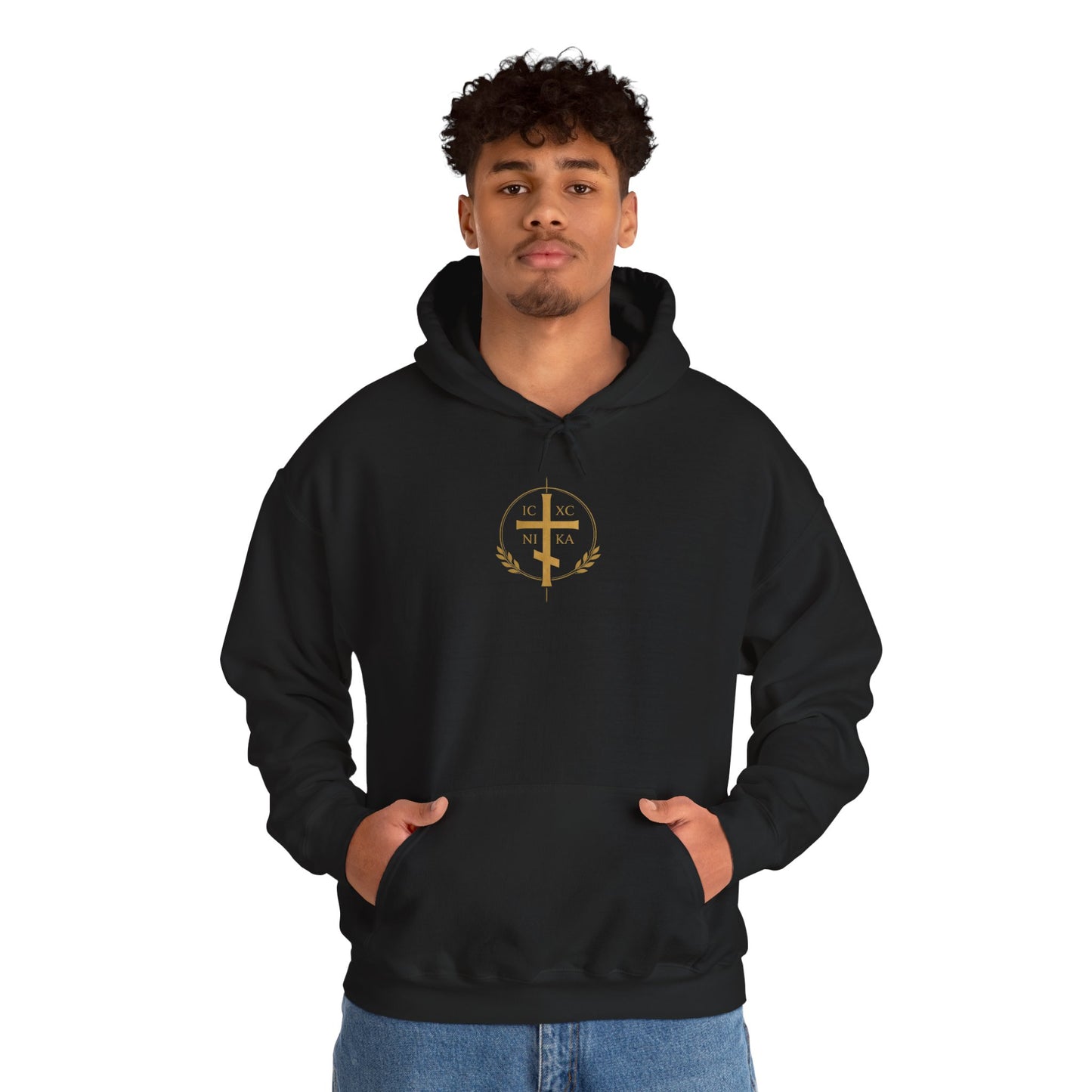 Christian Cross Hoodie — Gold Cross with Wings & Laurel Comfort Pullover