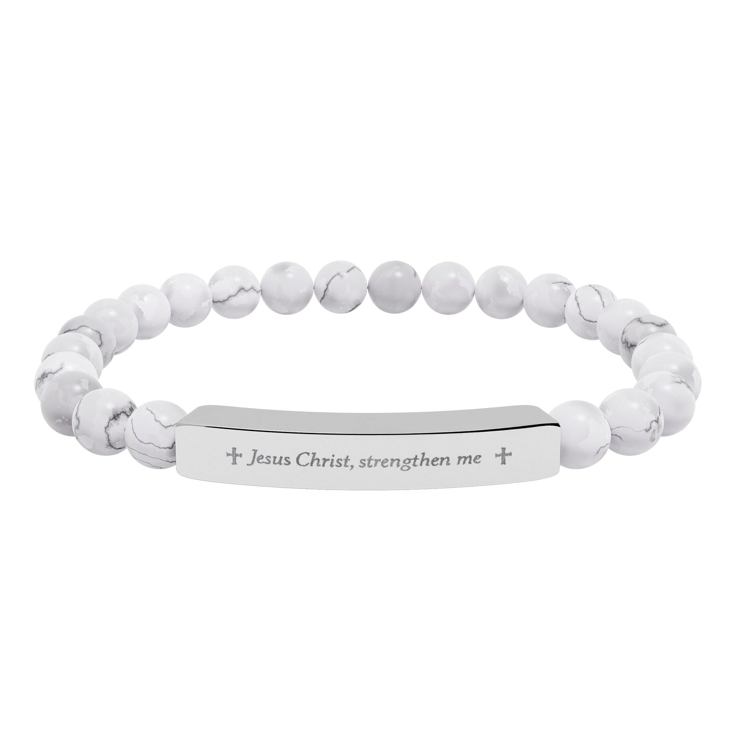 Engraved Natural Stone Bead Bracelet — Personalized Bar Stretch Bracelet