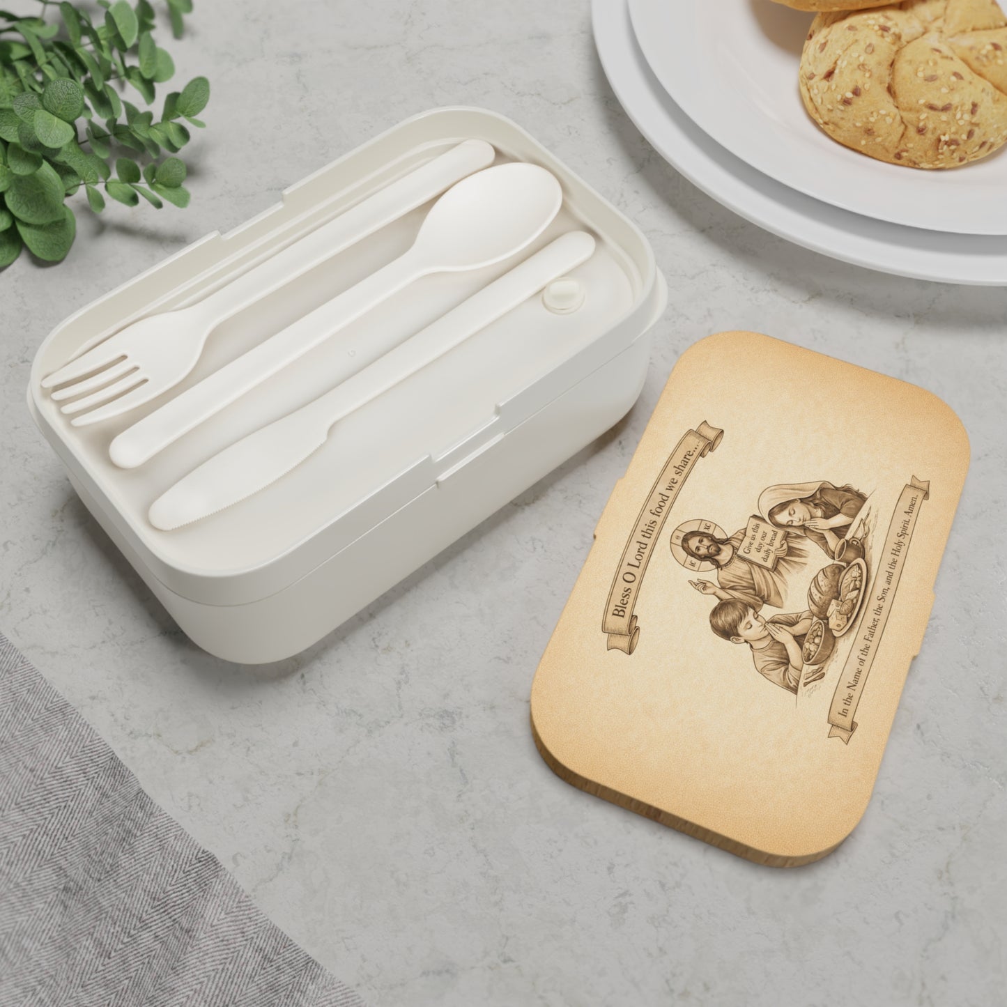 Religious Bento Lunch Box — "Bless O Lord This Food We Share" Prayer Design