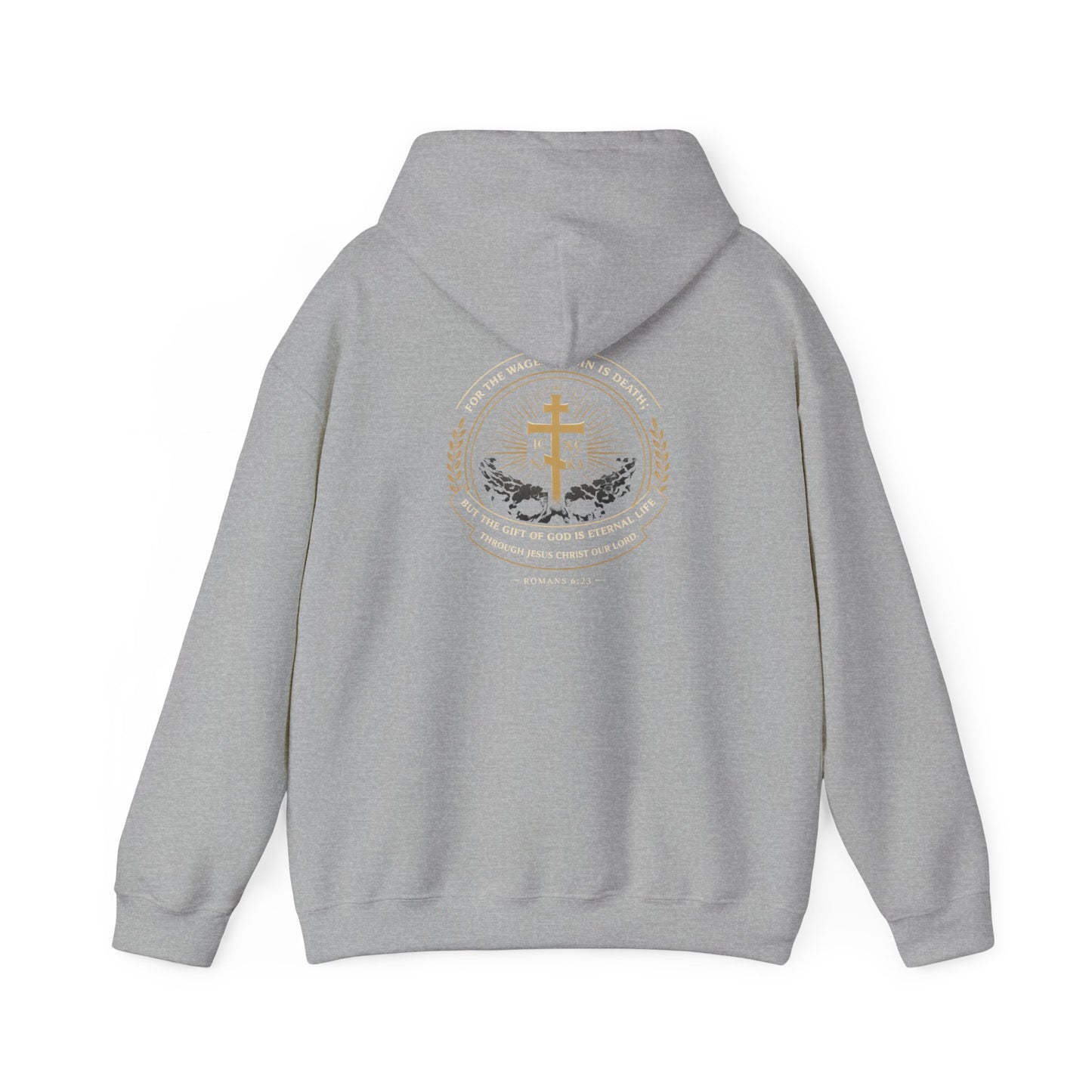 Christian Cross Hoodie — Gold Cross with Wings & Laurel Comfort Pullover