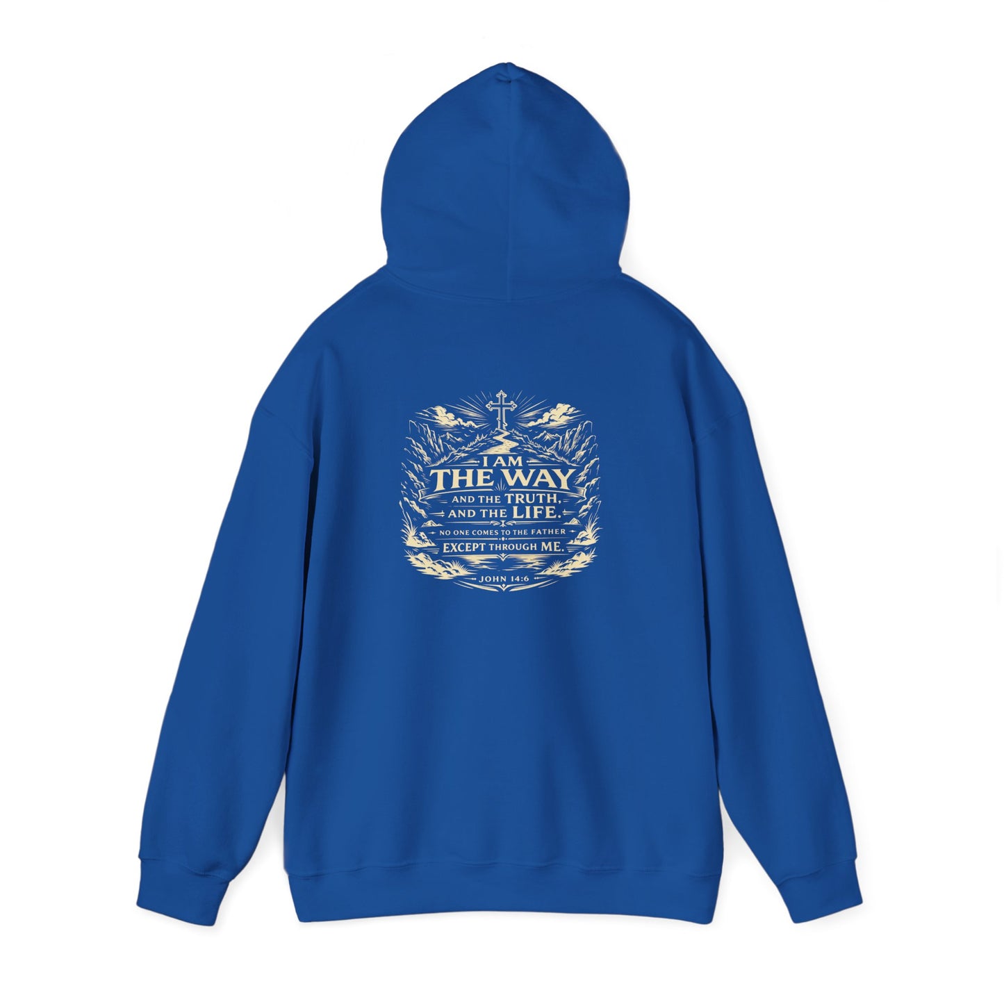 Christian Cross Hoodie — "I Am The Way" Scripture Back Print