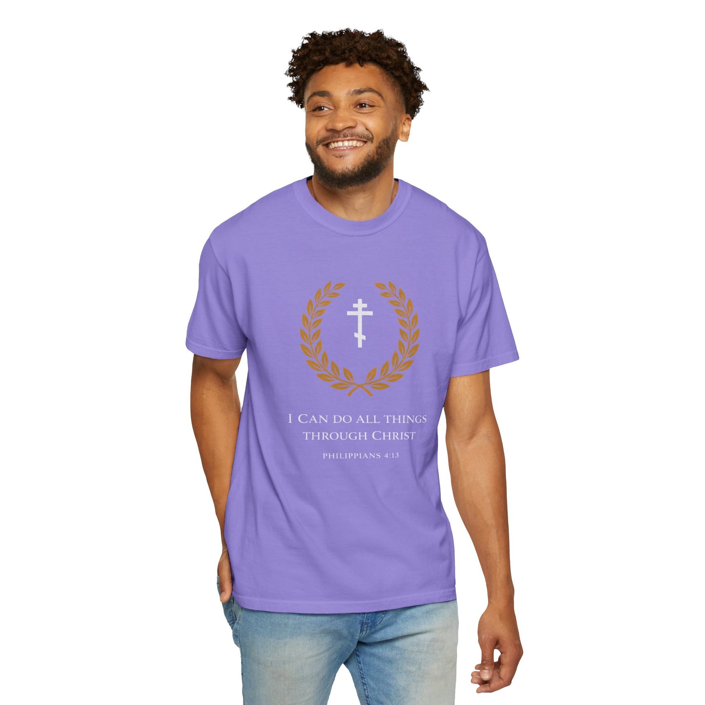 Christian T-Shirt — "I Can Do All Things Through Christ" Philippians 4:13 Cross Laurel Design