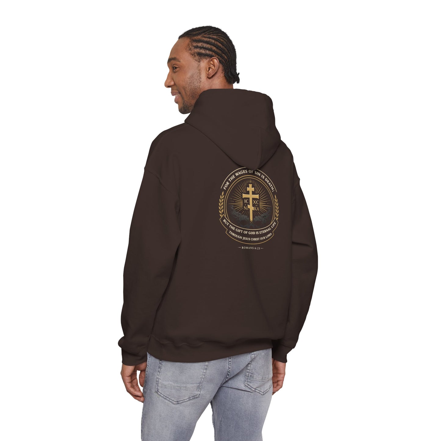 Christian Cross Hoodie — Gold Cross with Wings & Laurel Comfort Pullover