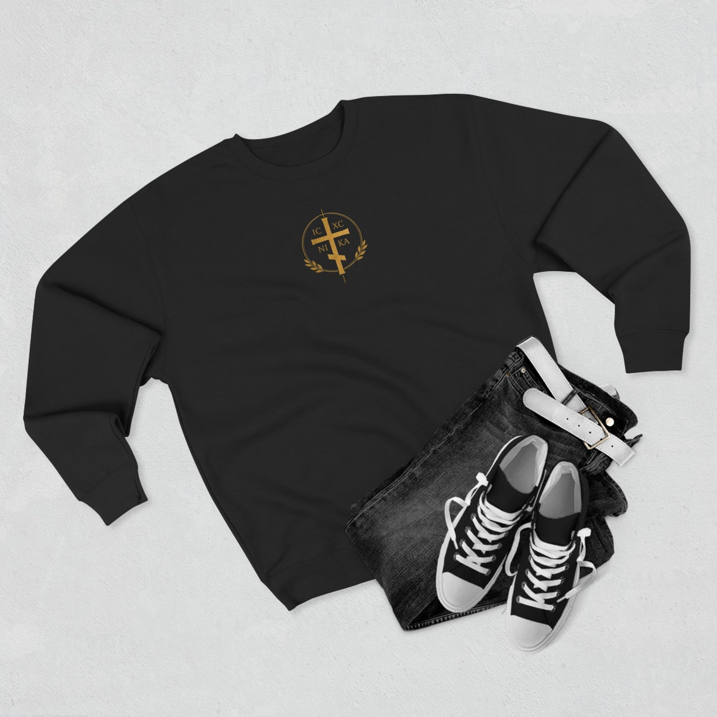 Christian Alpha Omega Crewneck Sweatshirt — Gold Double-Headed Eagle & Cross