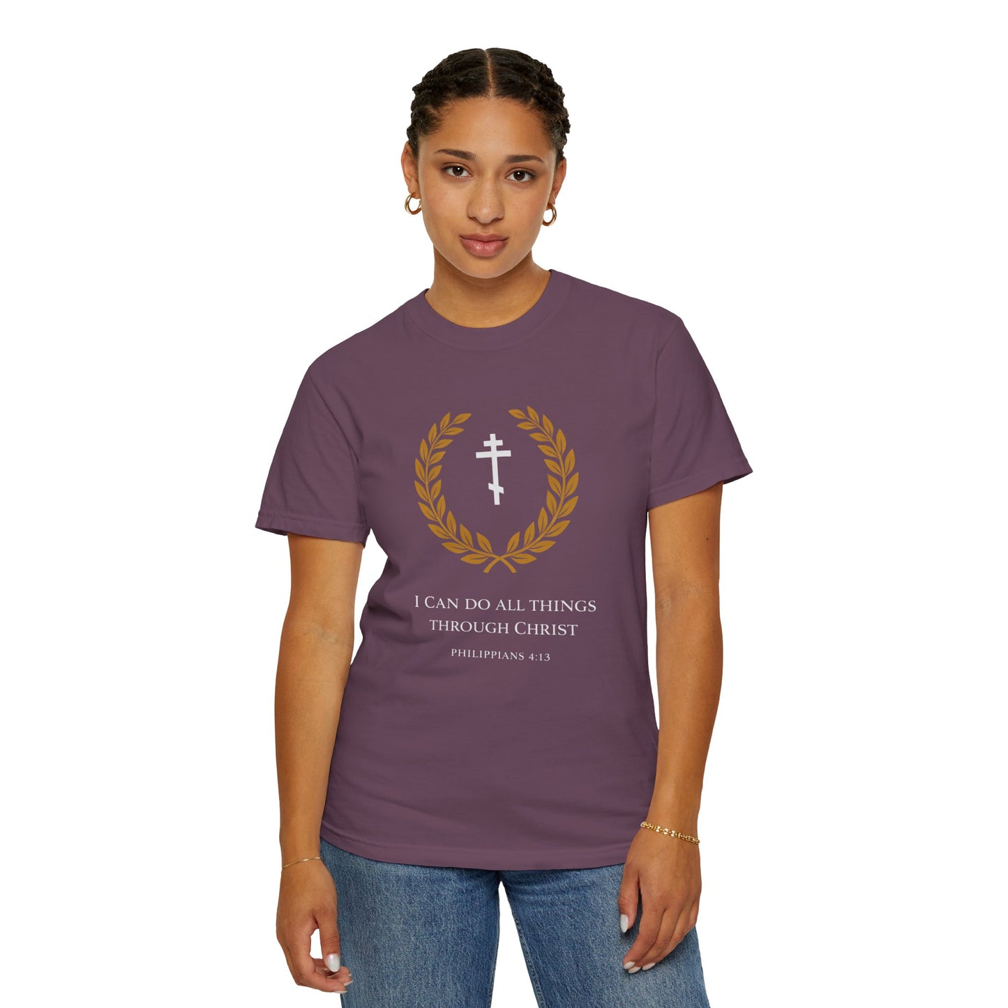 Christian T-Shirt — "I Can Do All Things Through Christ" Philippians 4:13 Cross Laurel Design
