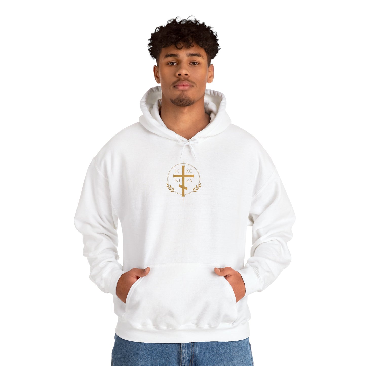 Christian Cross Hoodie — Gold Cross with Wings & Laurel Comfort Pullover