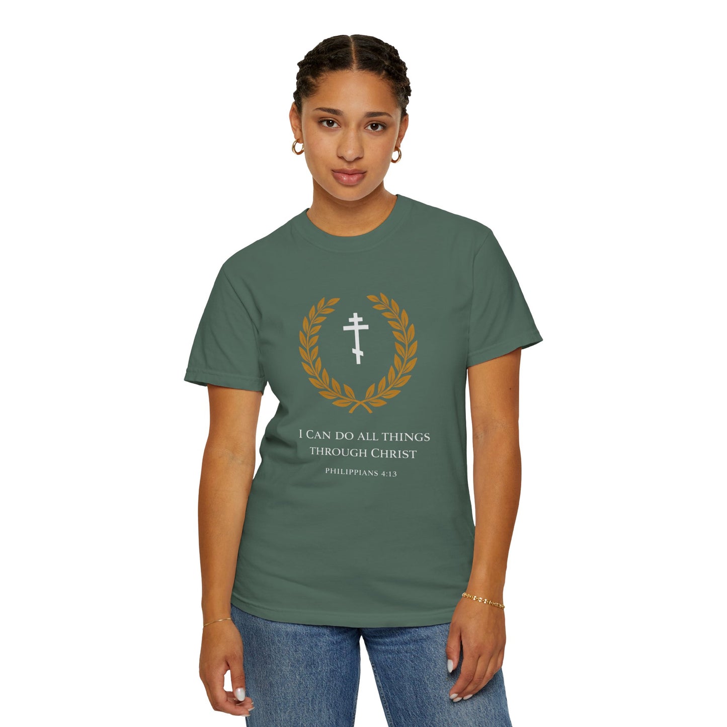 Christian T-Shirt — "I Can Do All Things Through Christ" Philippians 4:13 Cross Laurel Design