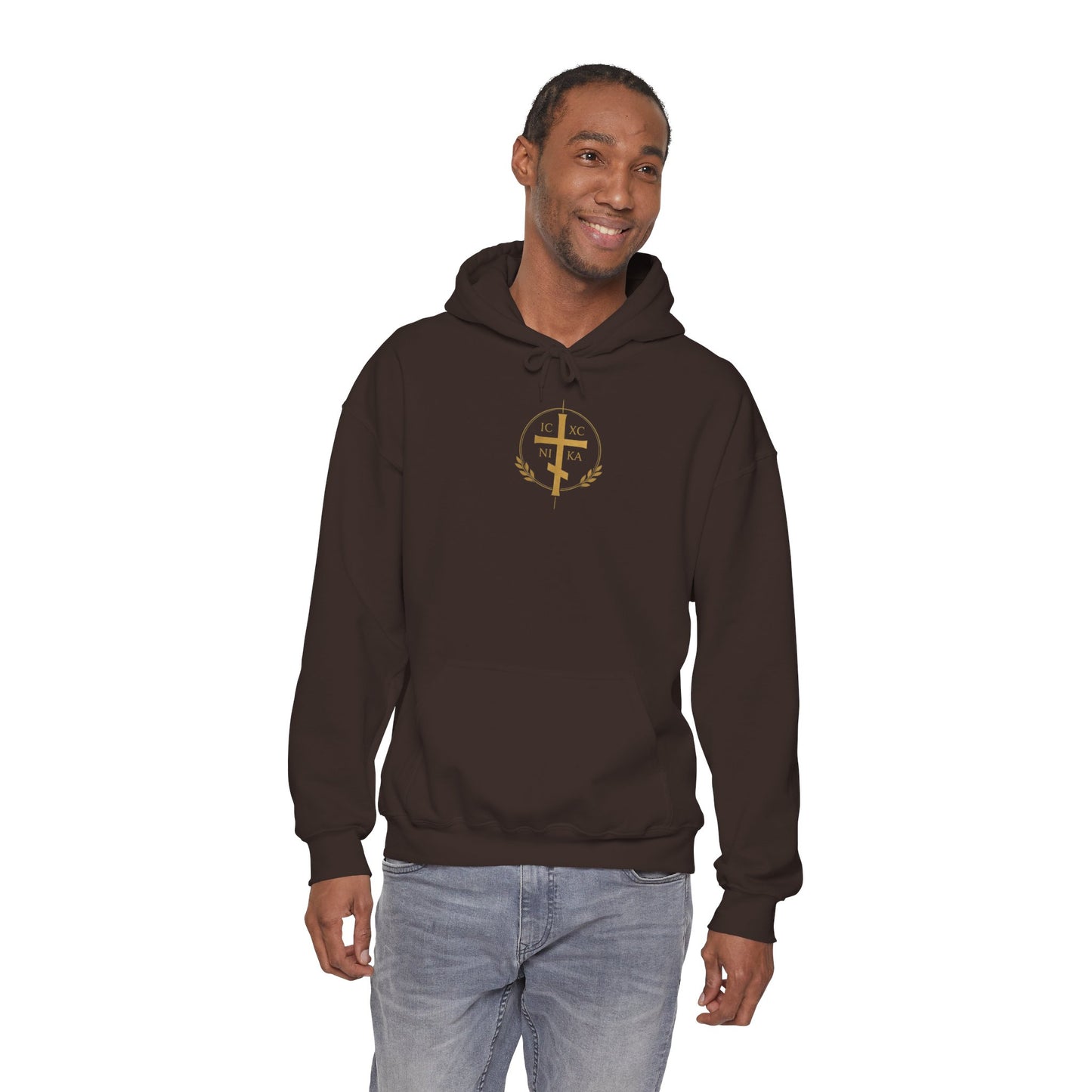 Christian Cross Hoodie — Gold Cross with Wings & Laurel Comfort Pullover