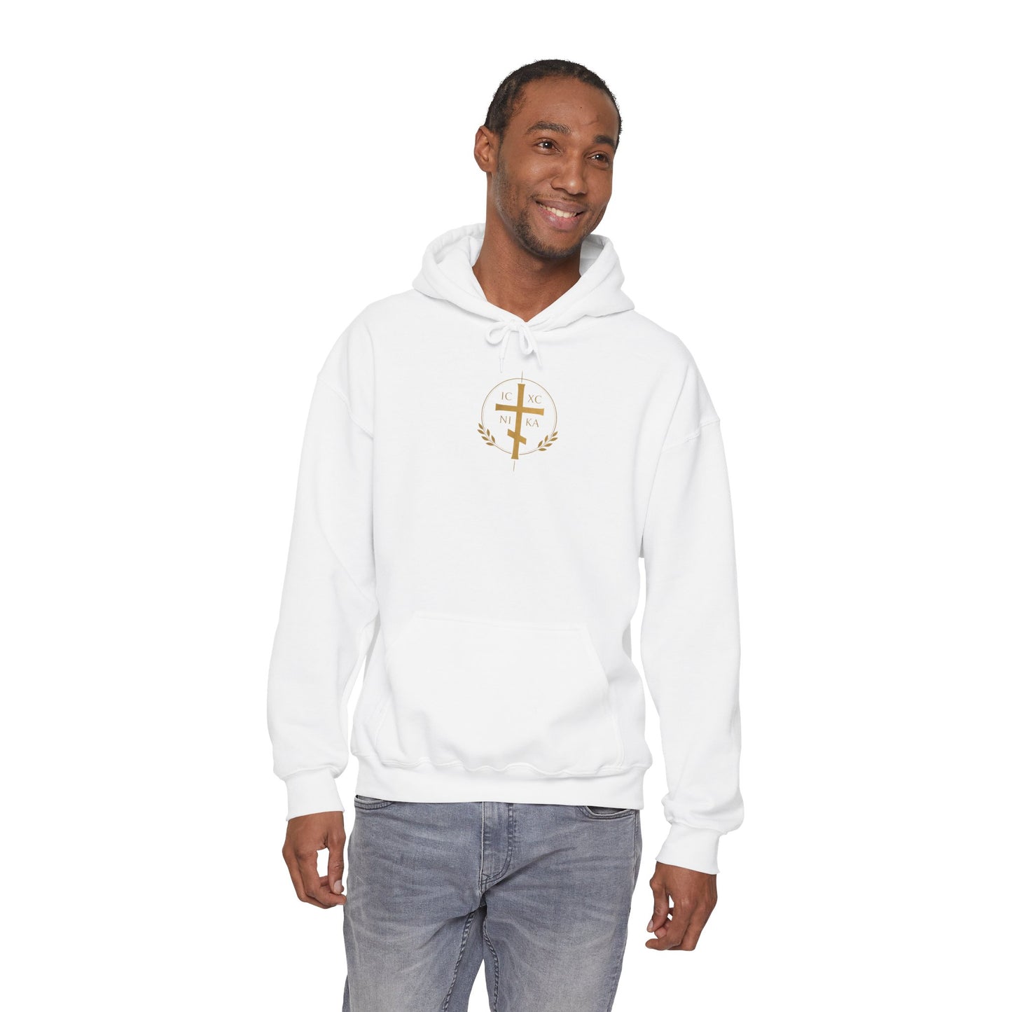 Christian Cross Hoodie — Gold Cross with Wings & Laurel Comfort Pullover