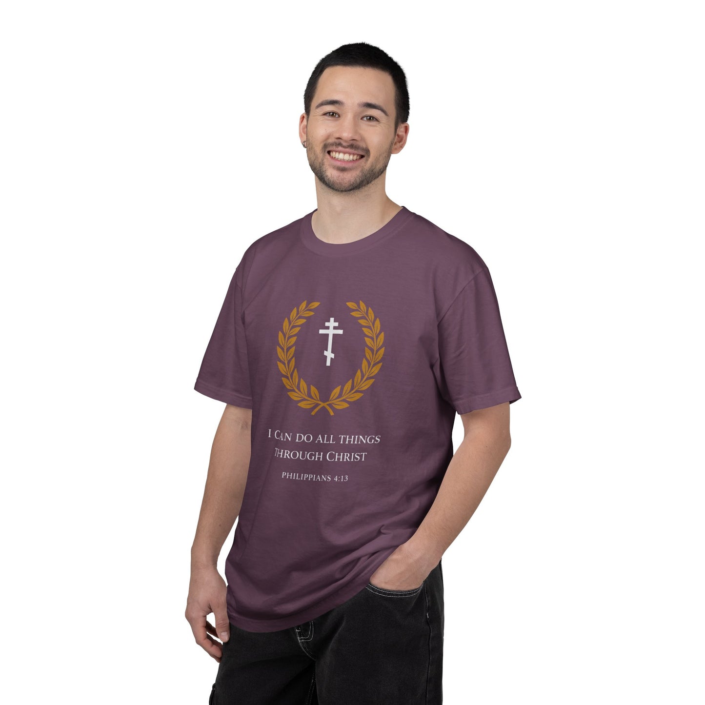 Christian T-Shirt — "I Can Do All Things Through Christ" Philippians 4:13 Cross Laurel Design