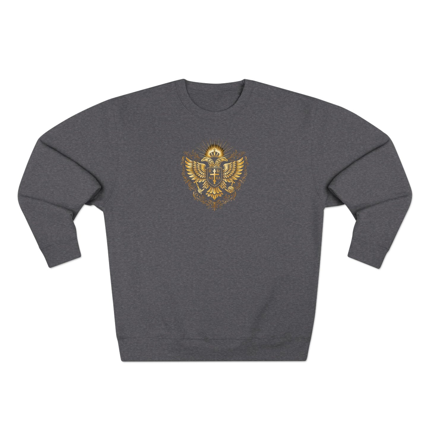 Golden Double-Headed Eagle Crewneck Sweatshirt — "I Am the Alpha and the Omega" Back Graphic