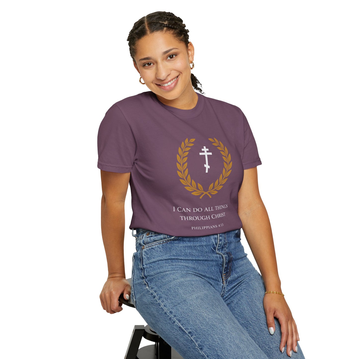 Christian T-Shirt — "I Can Do All Things Through Christ" Philippians 4:13 Cross Laurel Design