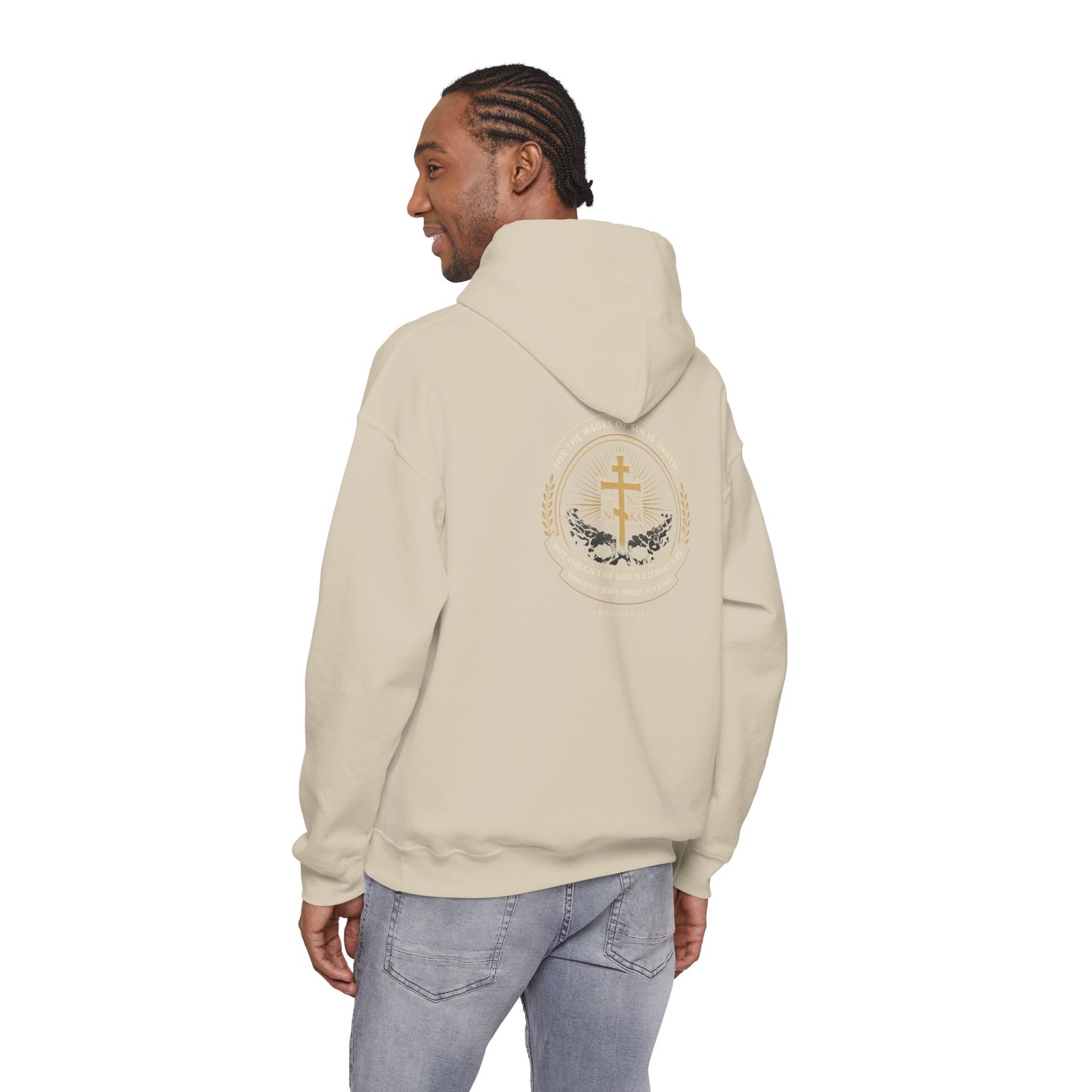 Christian Cross Hoodie — Gold Cross with Wings & Laurel Comfort Pullover