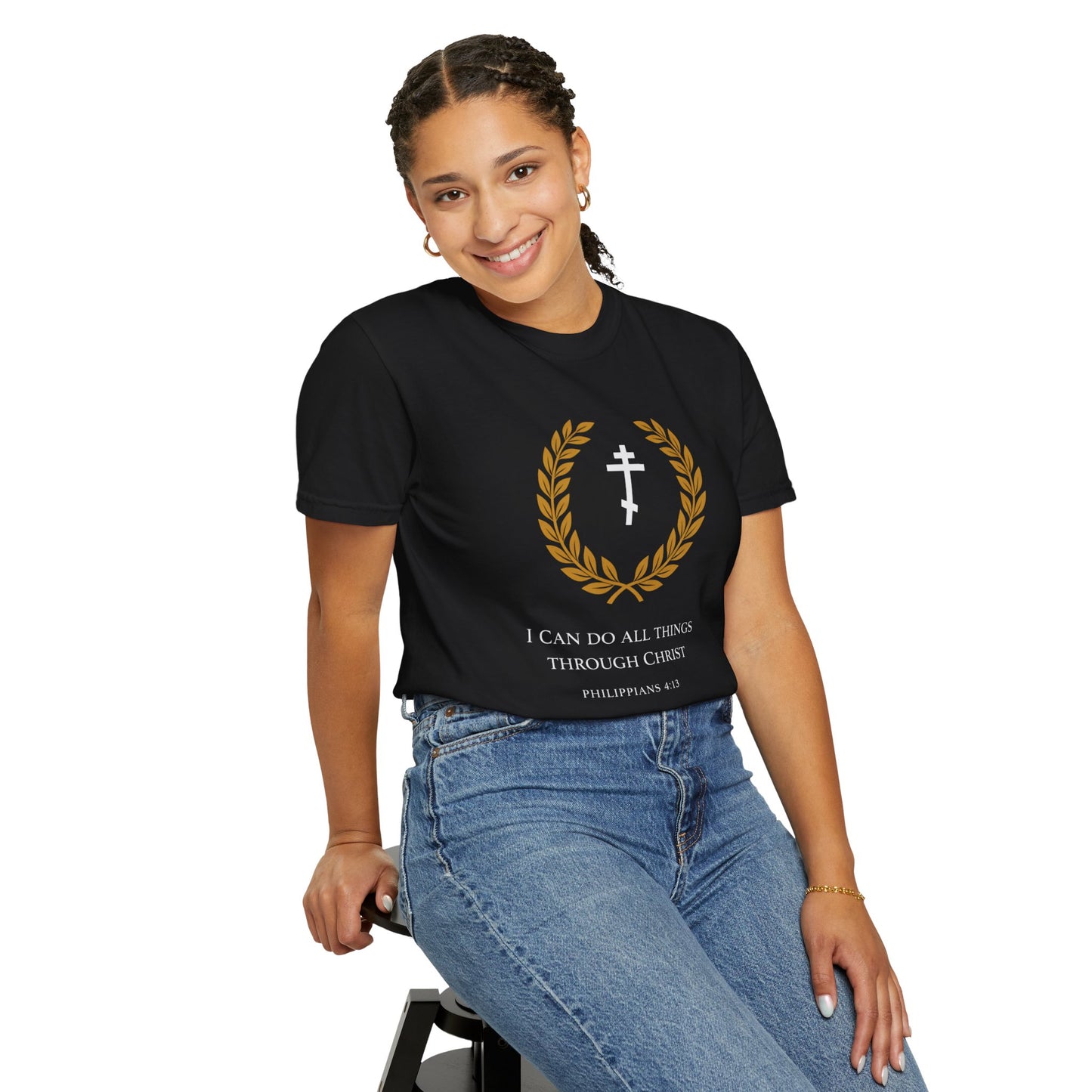 Christian T-Shirt — "I Can Do All Things Through Christ" Philippians 4:13 Cross Laurel Design
