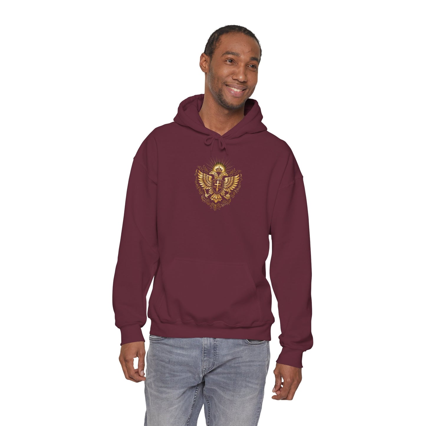 Christian Cross & Eagle Hoodie — Faith-Based Gold Emblem Sweatshirt