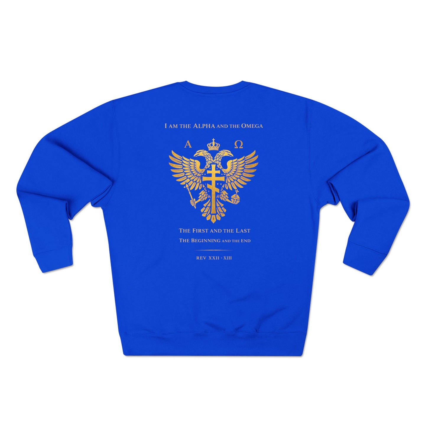 Christian Alpha Omega Crewneck Sweatshirt — Gold Double-Headed Eagle & Cross