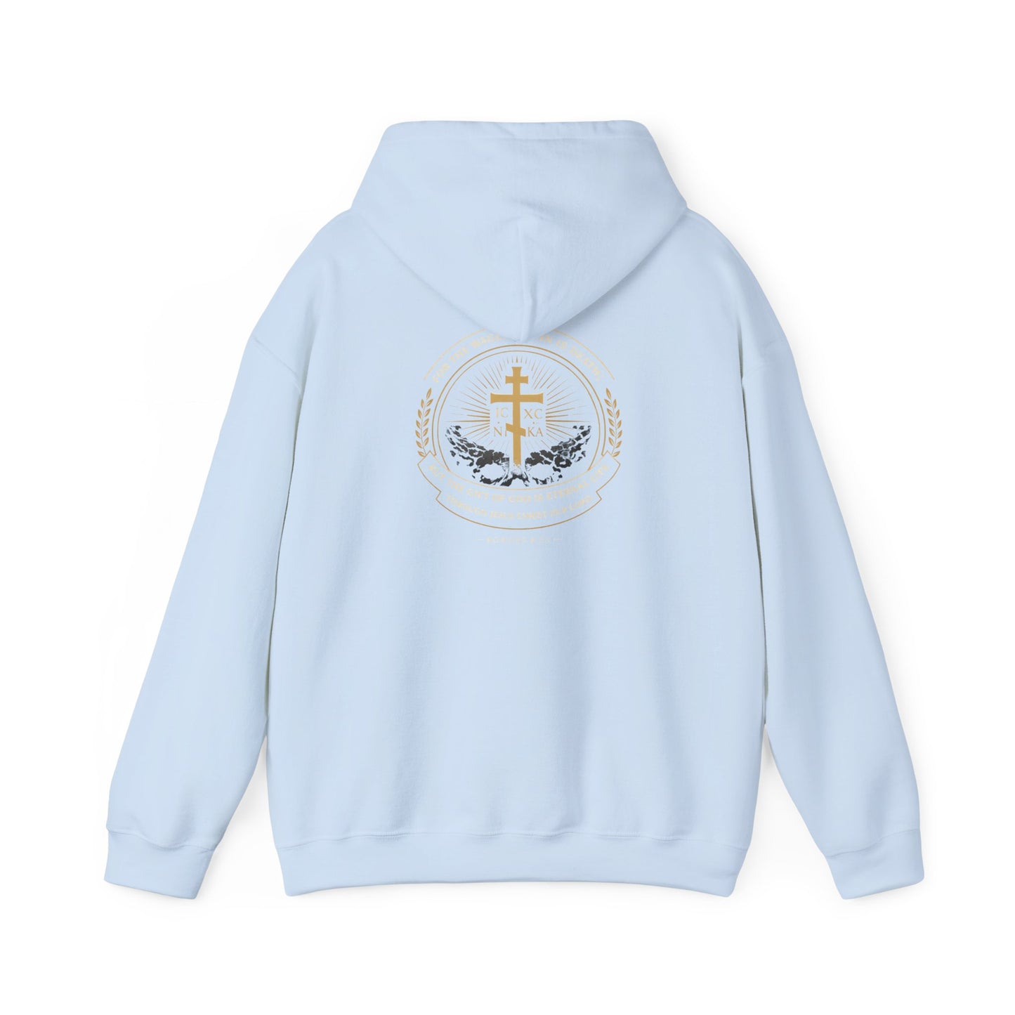 Christian Cross Hoodie — Gold Cross with Wings & Laurel Comfort Pullover