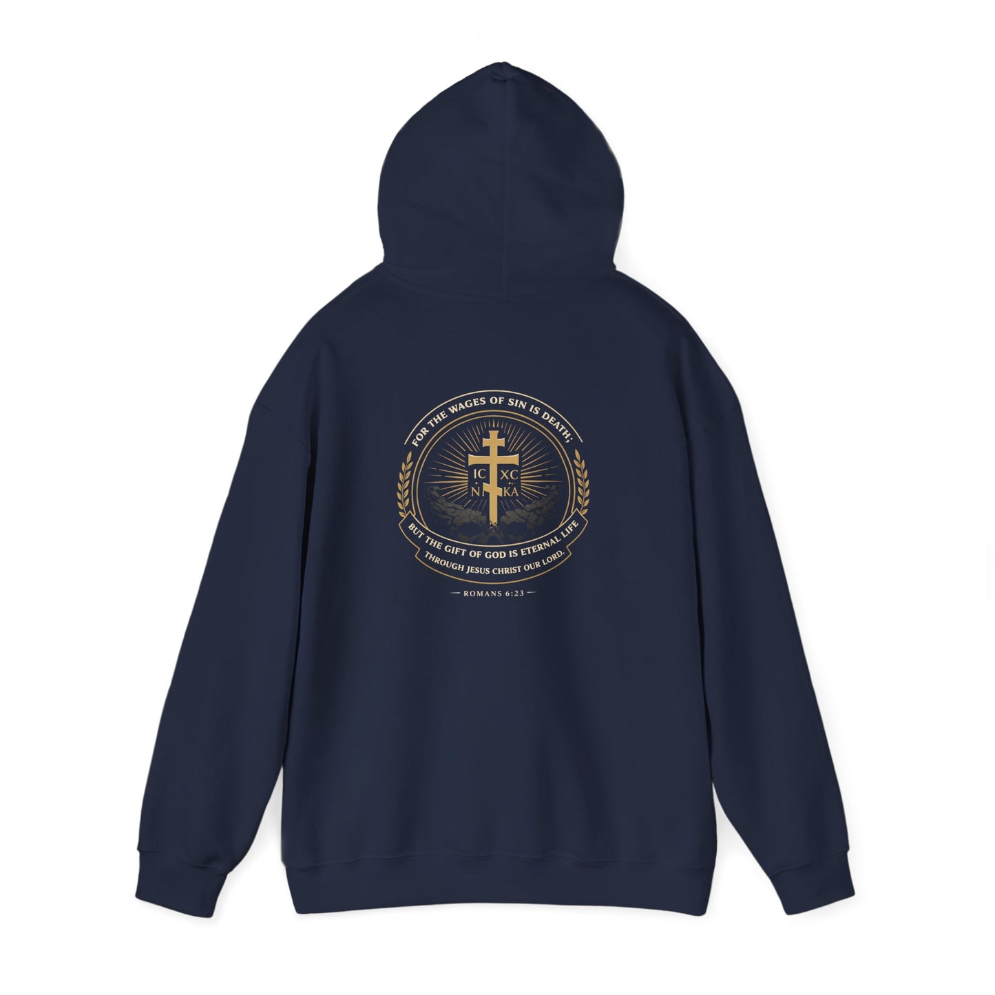 Christian Cross Hoodie — Gold Cross with Wings & Laurel Comfort Pullover