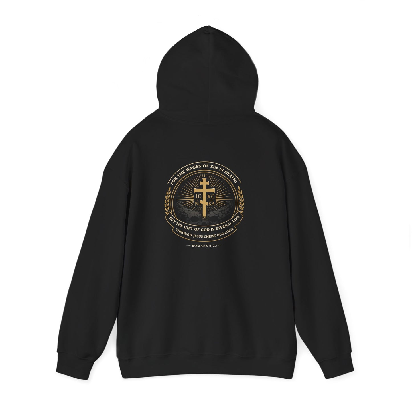 Christian Cross Hoodie — Gold Cross with Wings & Laurel Comfort Pullover