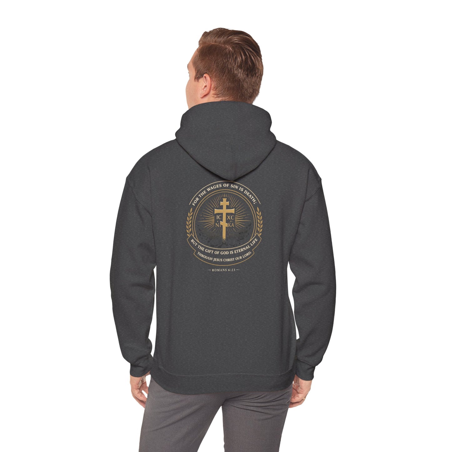 Christian Cross Hoodie — Gold Cross with Wings & Laurel Comfort Pullover