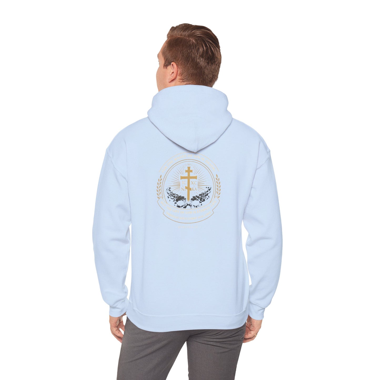 Christian Cross Hoodie — Gold Cross with Wings & Laurel Comfort Pullover