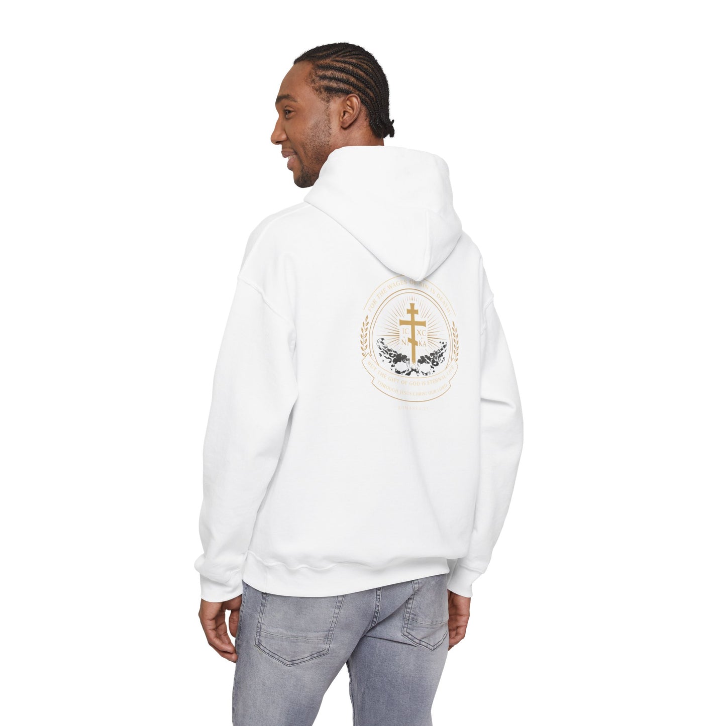 Christian Cross Hoodie — Gold Cross with Wings & Laurel Comfort Pullover