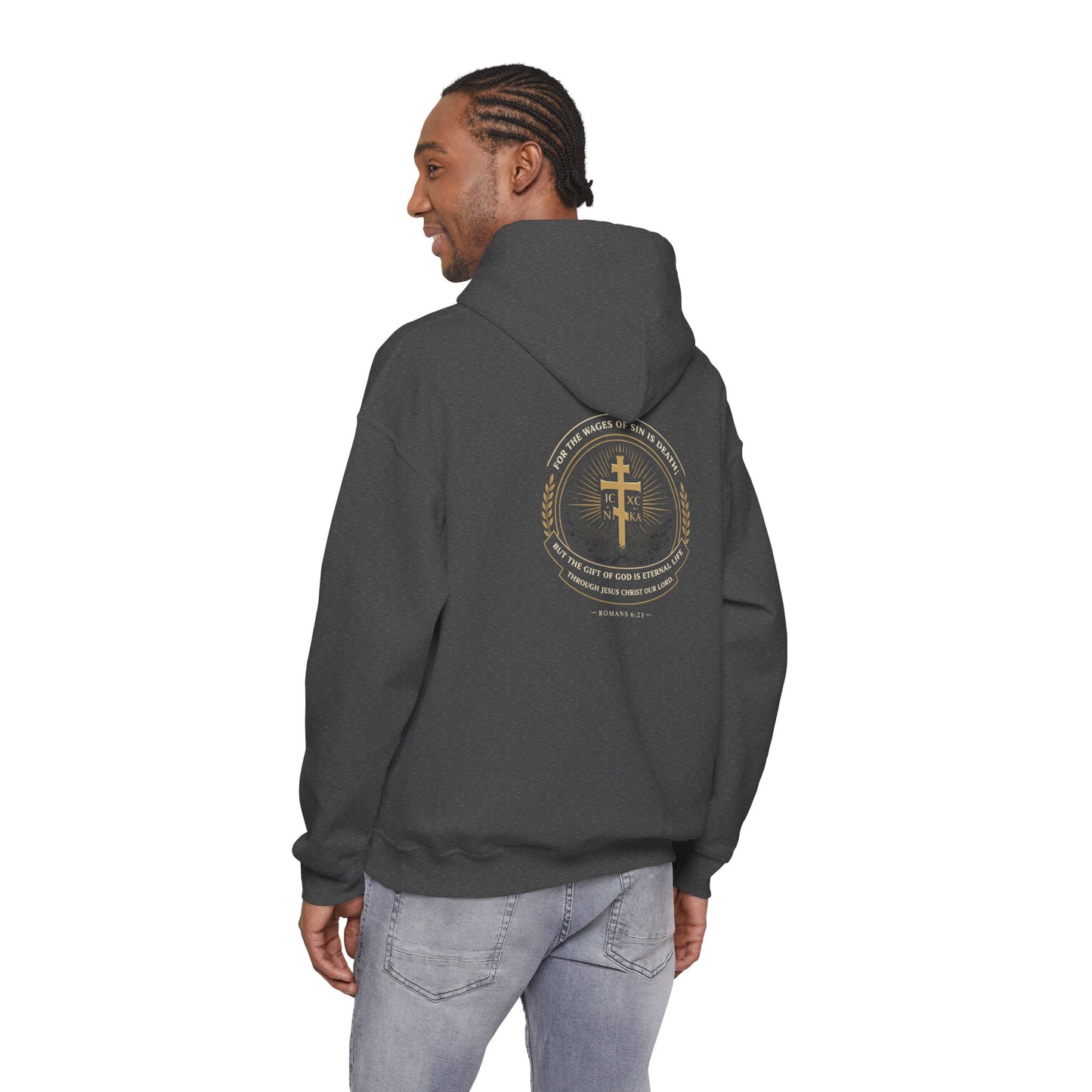 Christian Cross Hoodie — Gold Cross with Wings & Laurel Comfort Pullover